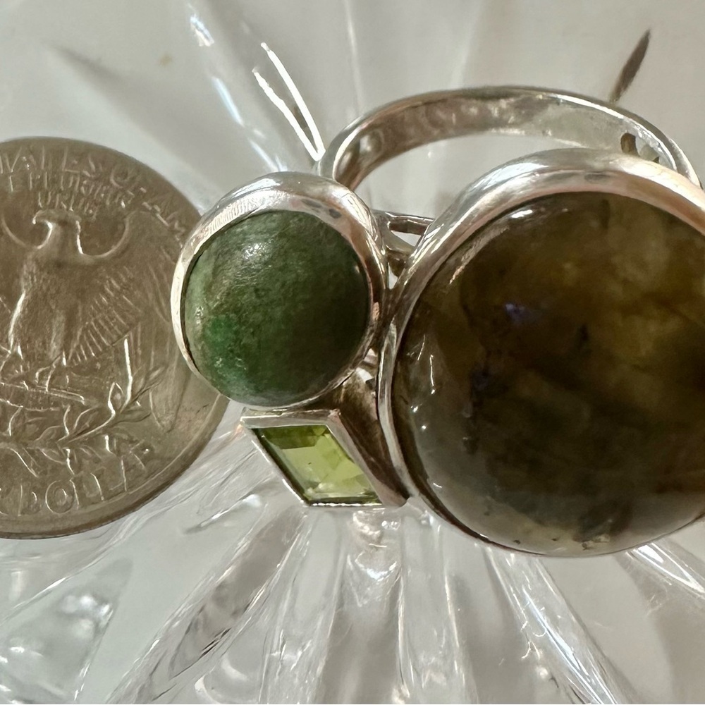 Elegant Labradorite, Peridot, Green Turquoise 925 Silver Cocktail Artisan Ring - Picture 8 of 15